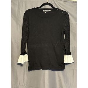 Karl Lagerfeld‎ Sweater Womens Small Black Knit Pleat White Cuff Lace Sleeves